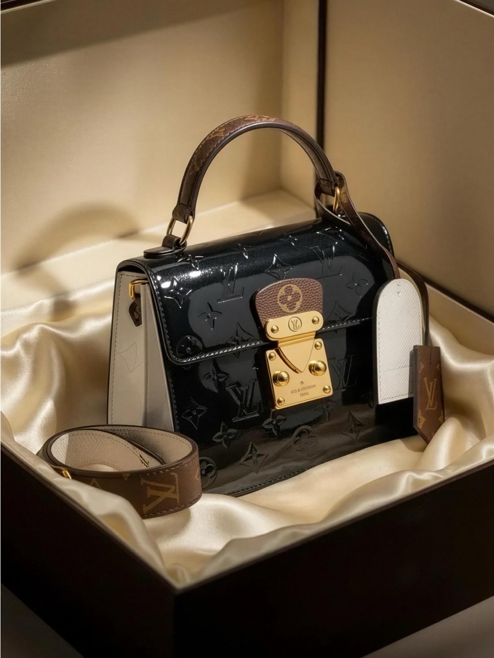 Louis Vuitton Black Vernis Top Handle Satchel with Gold Hardware